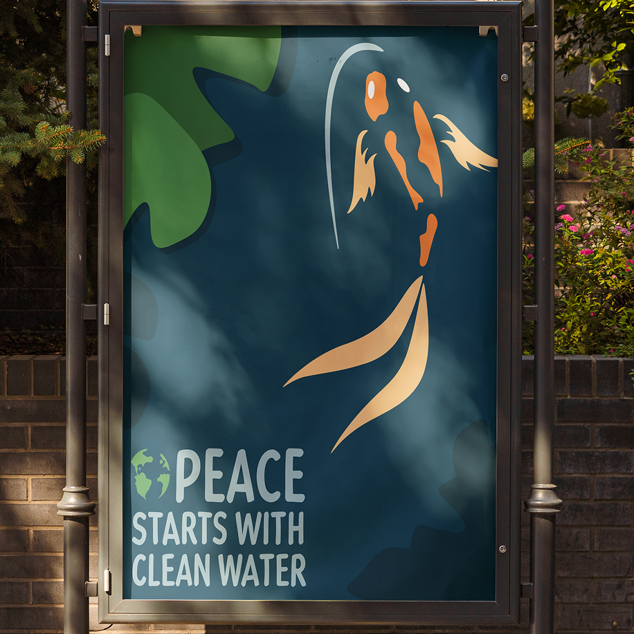 Environmental poster with a dark turquoise color background, a swimming orange koi fish, green lily pads inthe top left corner, and text at the bottom left corner.